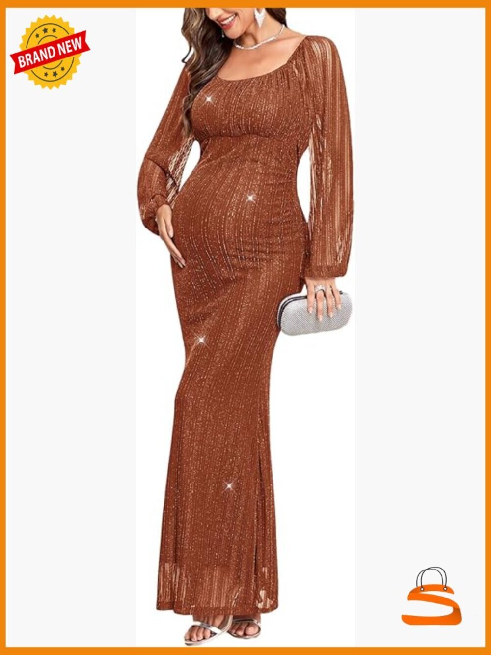 Sparkly Mesh Maternity Dress Long Sleeve Square Neck Bodycon Maxi